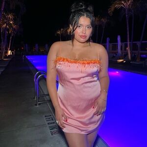 Guizio Pink Satin mini dress with Orange beaded trim